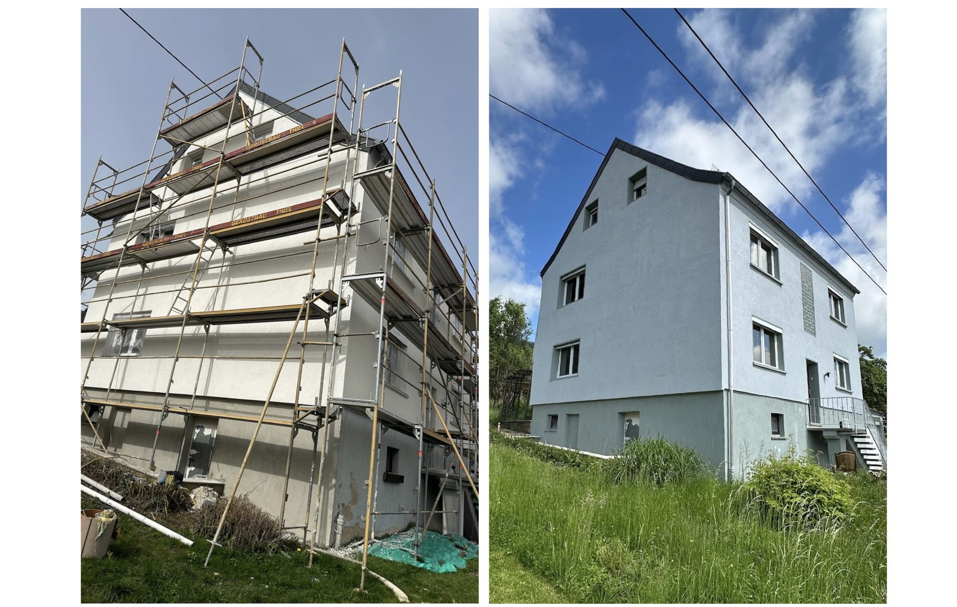 Vorher-Nachher-Vergleich eines eingerüsteten und anschließend fertiggestellten Wohnhauses.