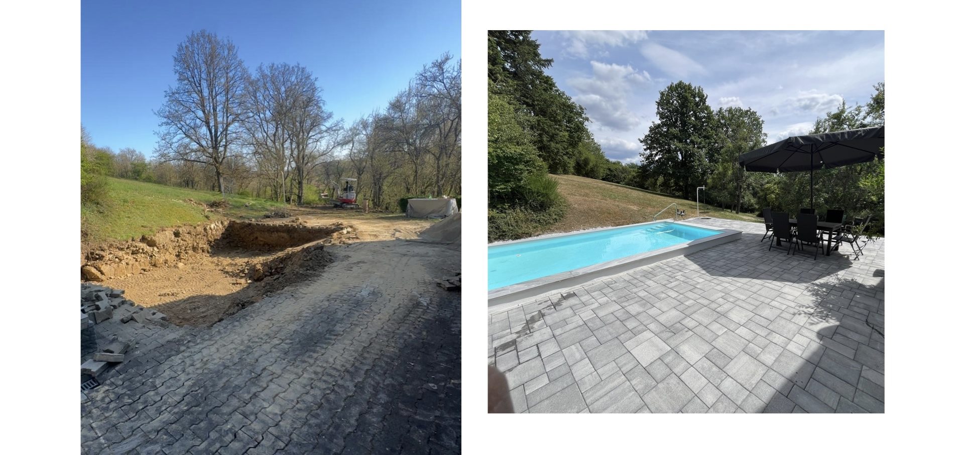 Vorher-Nachher-Vergleich vom Aushub bis zur fertigen Pool- und Terrassenfläche.